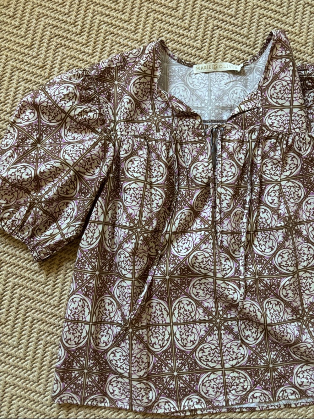 Marie Oliver Brown & Cream Printed Puff-Sleeve Blouse